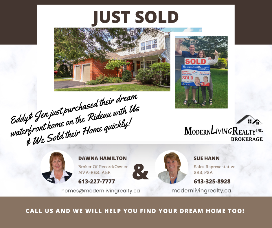 Happy Clients with Modern Living Realty Brokerage Sold Sign in Front of their Home
